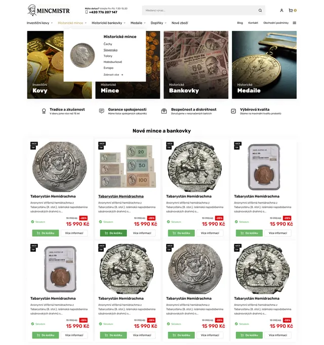 Návrh e-shopu Mincmistr s nabídkou historických mincí